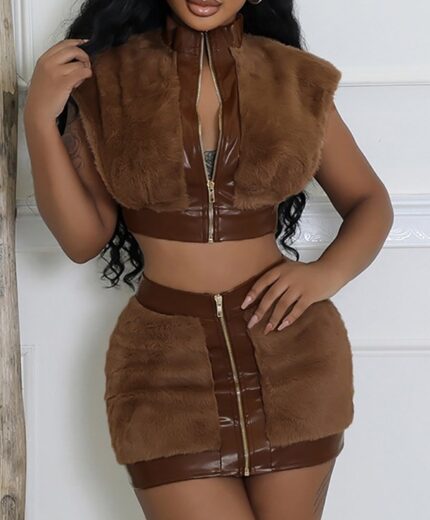Faux Fur Patchwork Cropped Skirts Sets